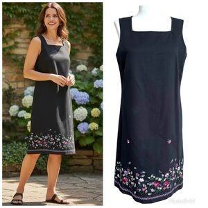 Talbots Dress Black Floral Butterflies Embroidery Sleeveless Cotton Size 8